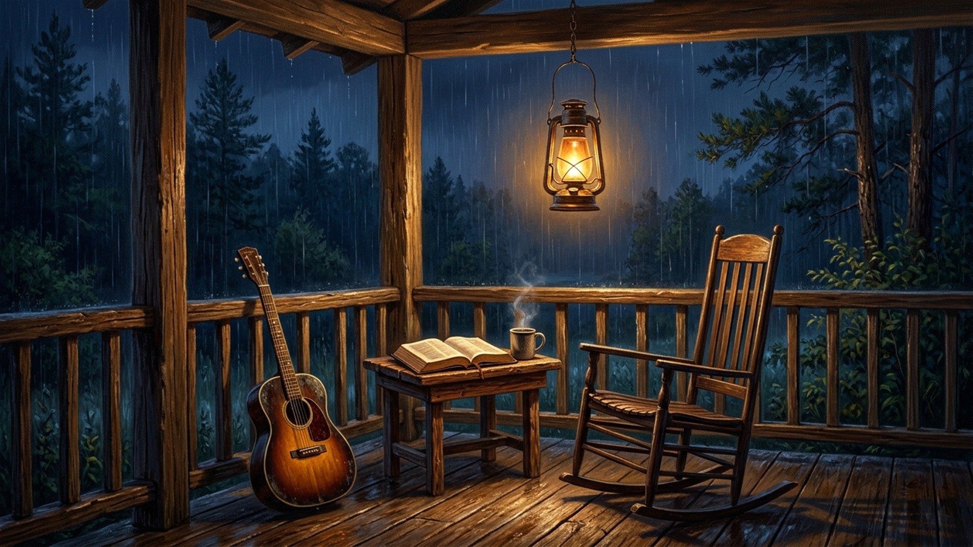 Lantern-Lit Wooden Porch in the Rain
